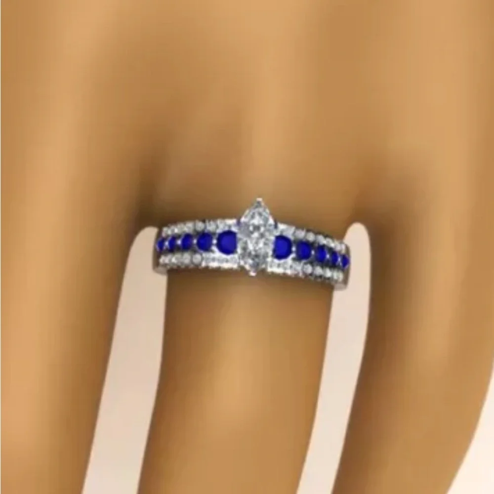 Gorgeous New Sterling Silver Blue White Sapphires Marquise Cut Ring